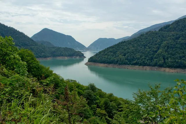 Looking down from the crest of Inguri Dam into the gorge