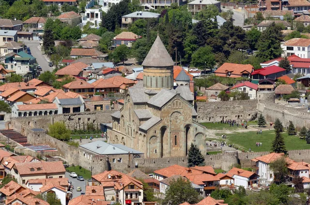 Svetitskhoveli Cathedral in the centre of Mtskheta, seen from above