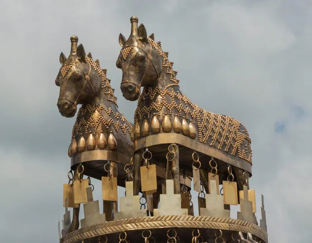 Gilded horse figures on the Colchis Fountain in Kutaisi